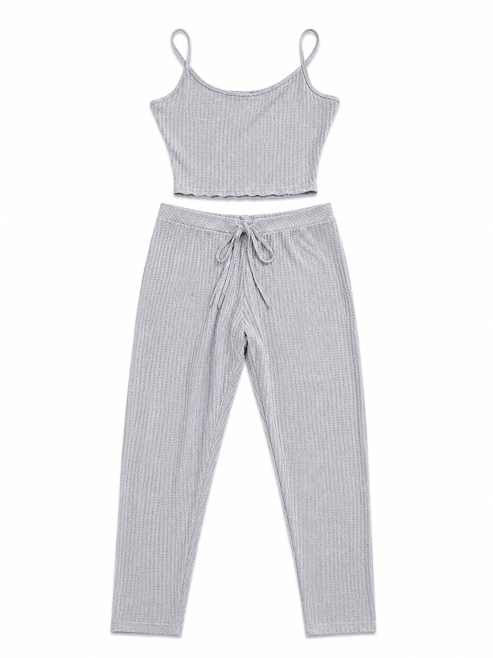 Waffle Knit Crop Tank & Drawstring Pants Set - Light Gray